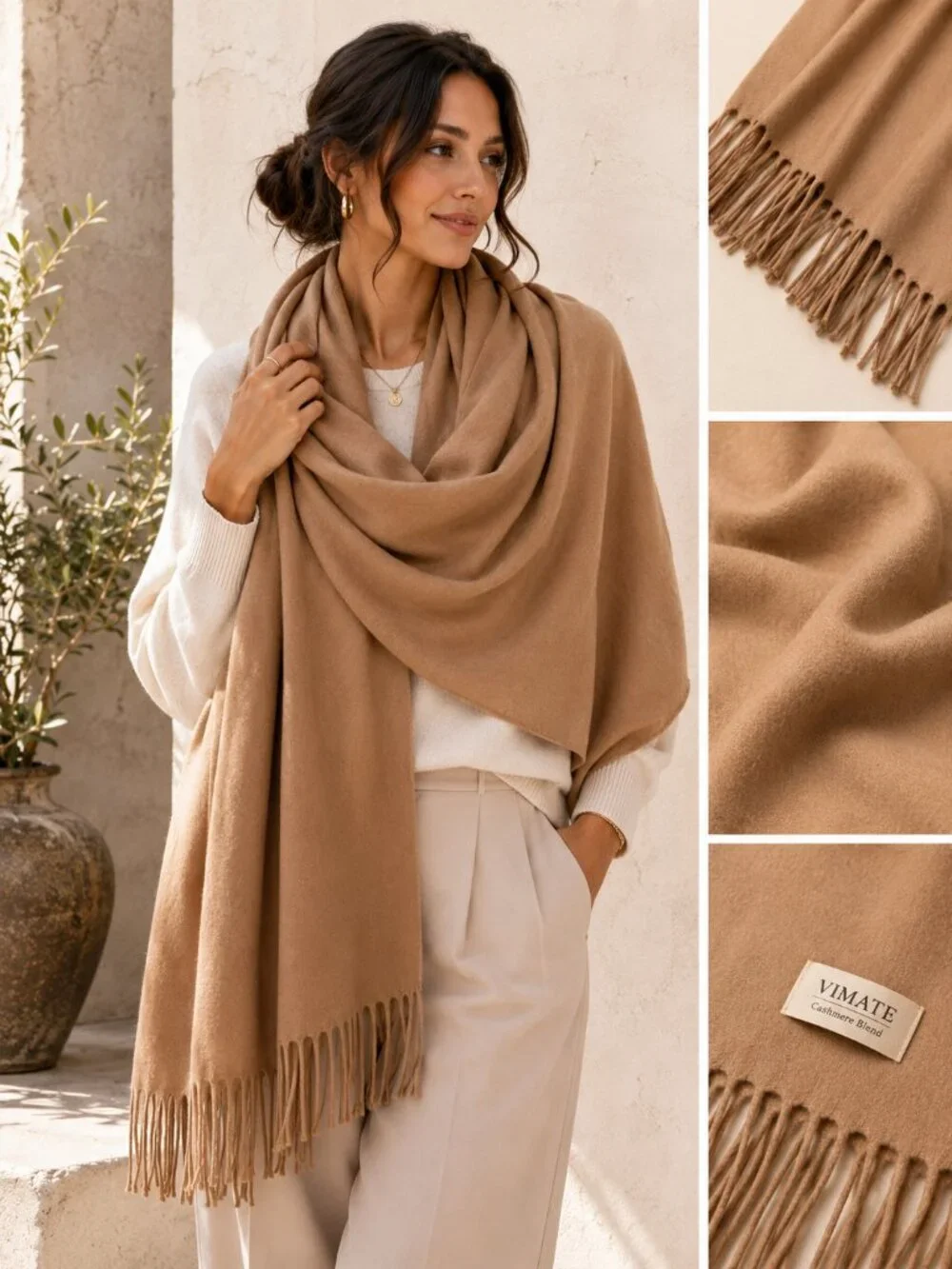 Womens Cashmere Blend Shawl Wrap Brown Fringe Soft Travel Quiet Luxury Scarf